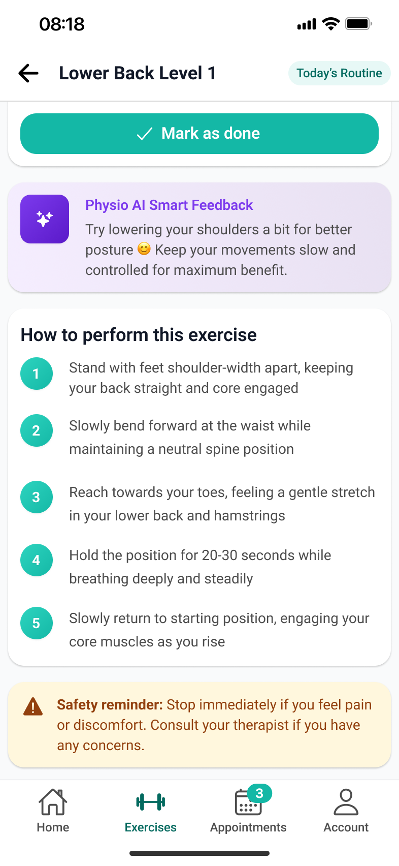 Design de ecran mobil cu instrucțiunile pas cu pas ale exercițiului și feedback automat de execuție