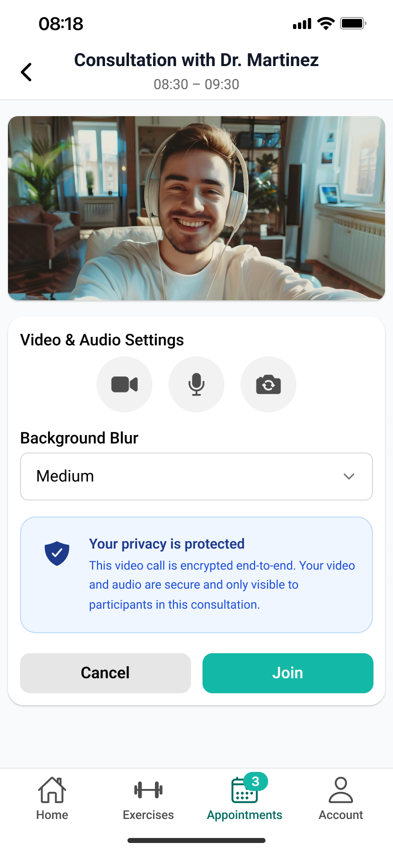 Design de ecran pentru pregătirea consultației video: verificarea camerei, a microfonului și blur pe fundal