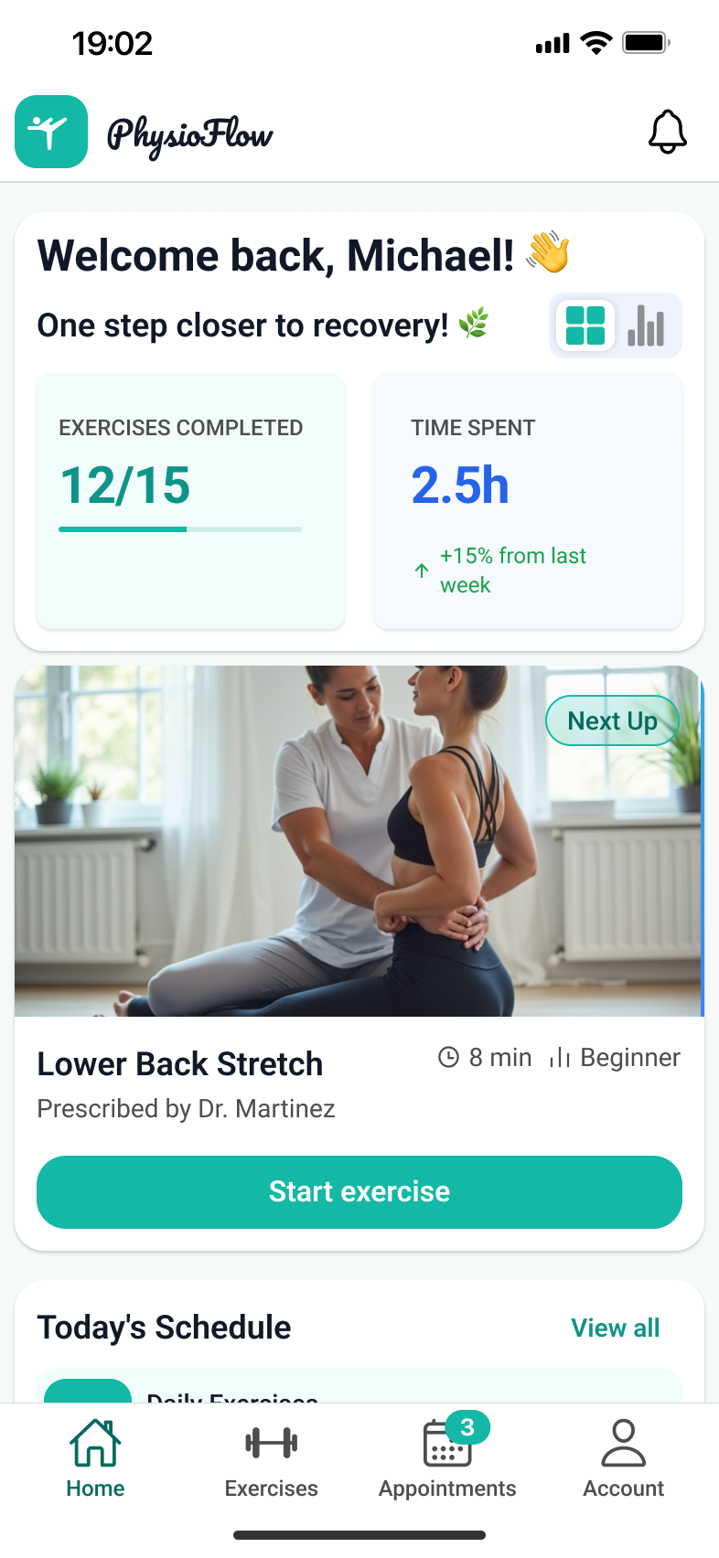 Design UI pentru ecranul principal al aplicației de telemedicină Physio Flow: progresul recuperării, exercițiul următor și programul zilei