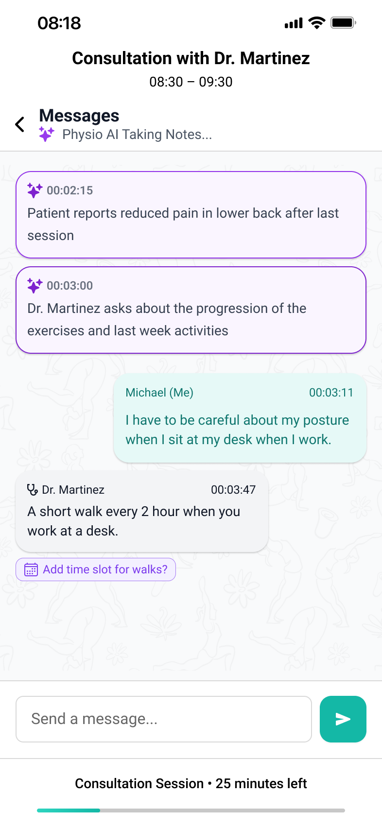Design UX pentru mesajele și notele consultației, păstrate în aplicație după ședință