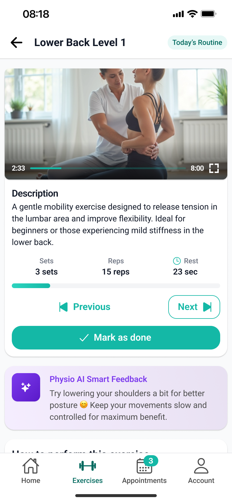 UX design pentru ecranul de exercițiu video ghidat, cu serii, repetări și timp de pauză