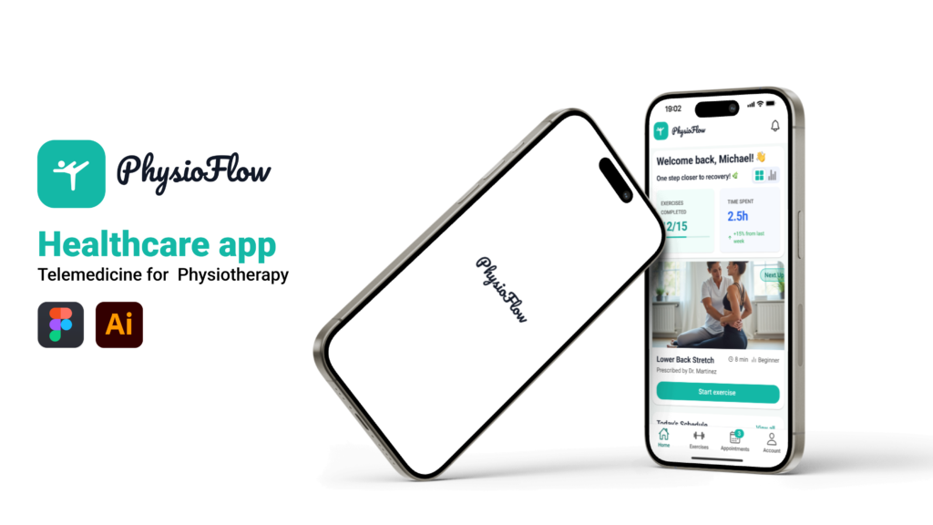Design de aplicație mobilă — ecranele Physio Flow în machete de telefon, proiect UI/UX ZAR Studio, Iași