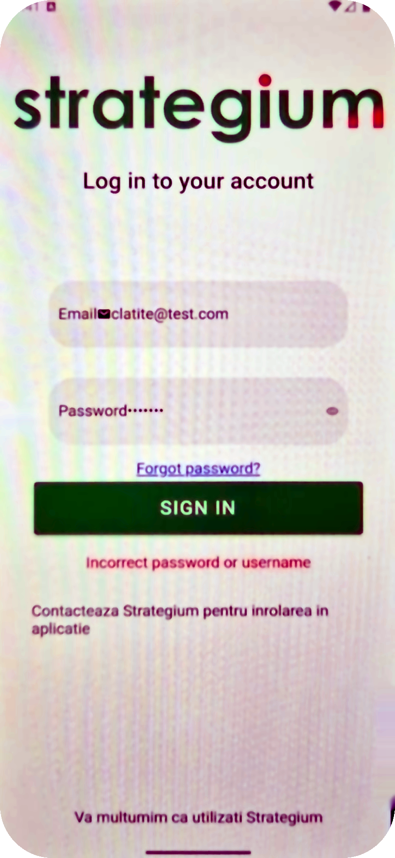 Ecranul de autentificare din varianta veche a aplicației Strategium, înainte de redesign