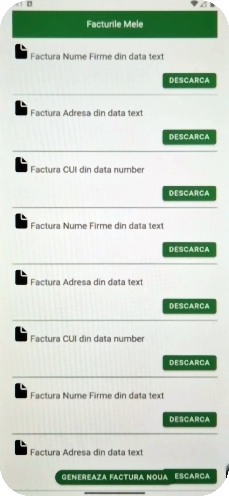 Lista de facturi din varianta veche a aplicației Strategium, înainte de redesign