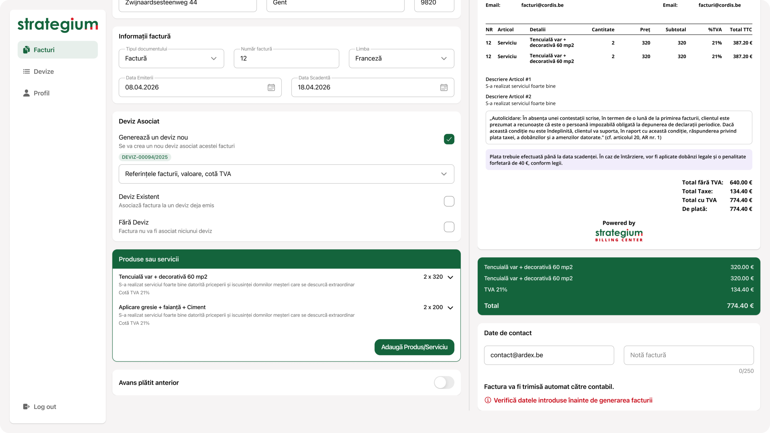 Agenție de design: lista de produse a facturii pe desktop, cu previzualizarea documentului