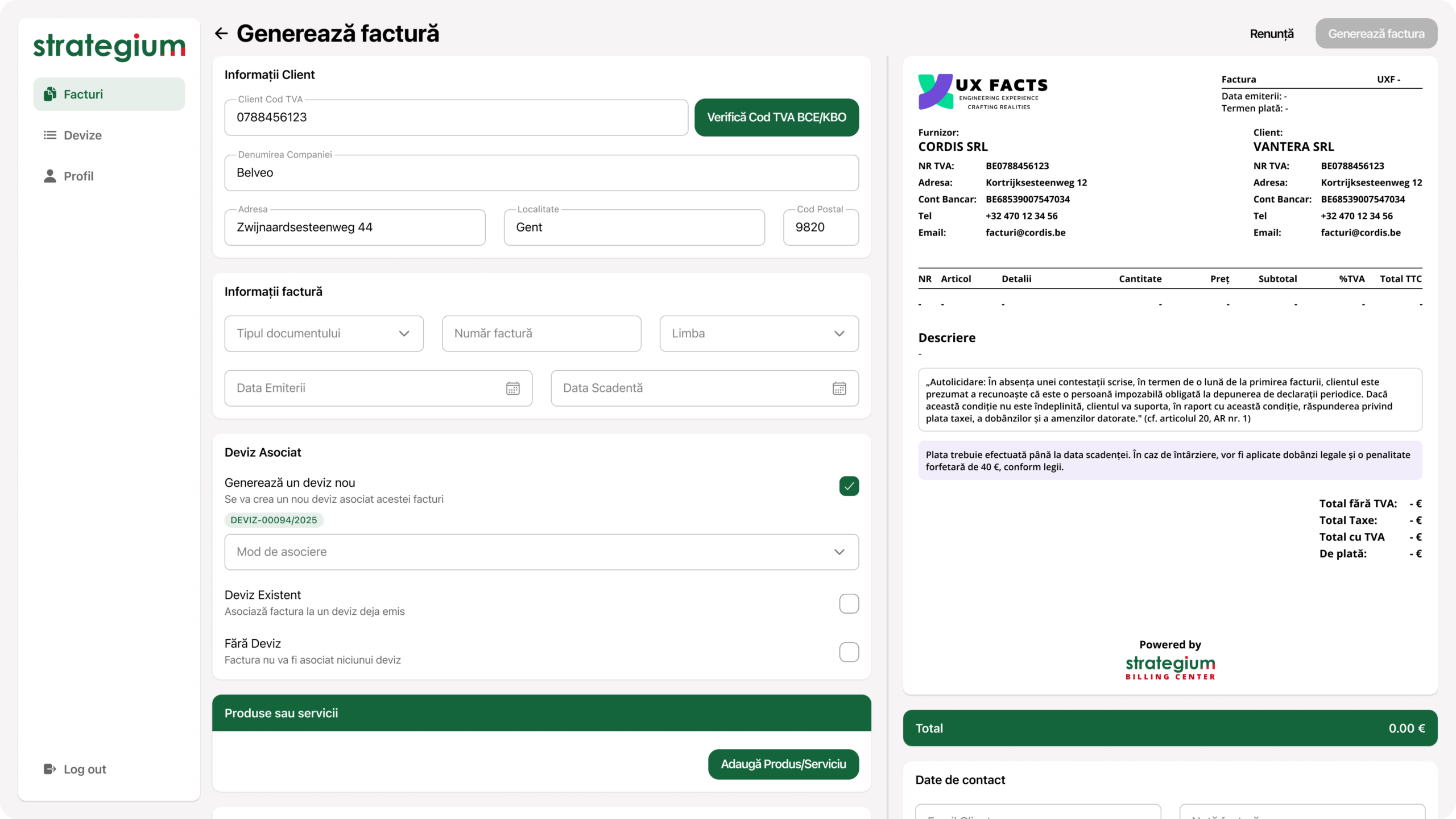 Creare site Iași: formularul de factură pe desktop, cu datele clientului aduse din registrul oficial și previzualizarea documentului alături