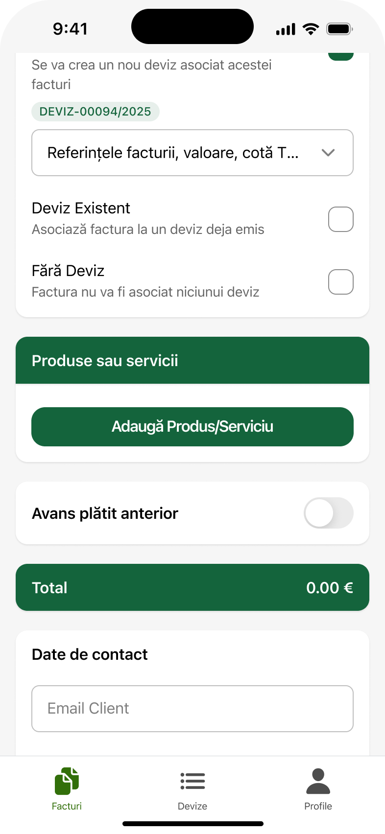 Design de aplicații: asocierea unui deviz existent la factura care se generează