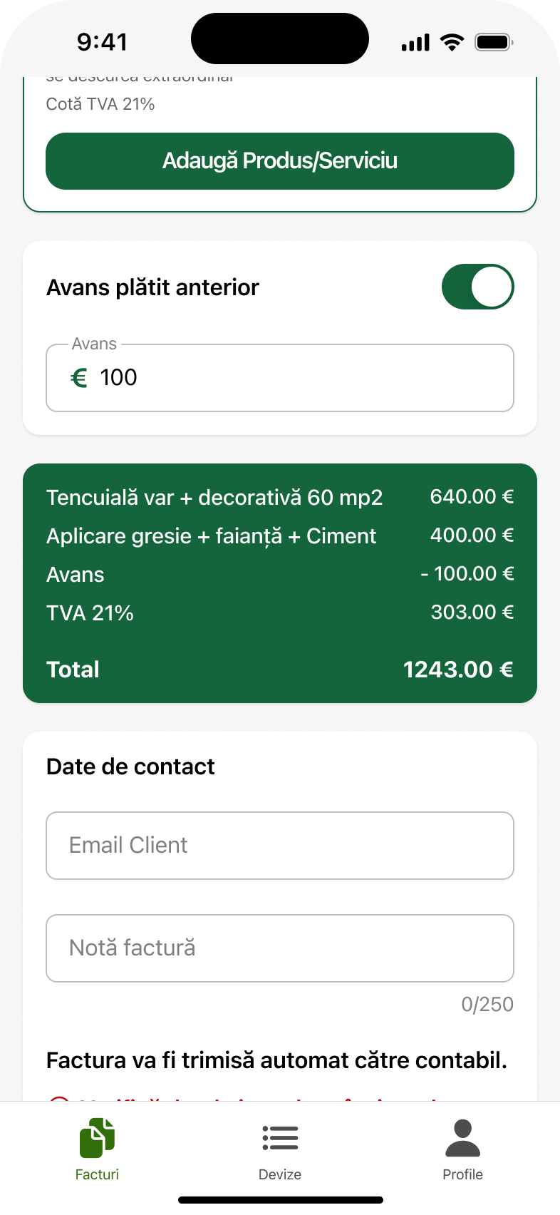 Design de aplicații: avansul plătit anterior, dedus automat din totalul facturii