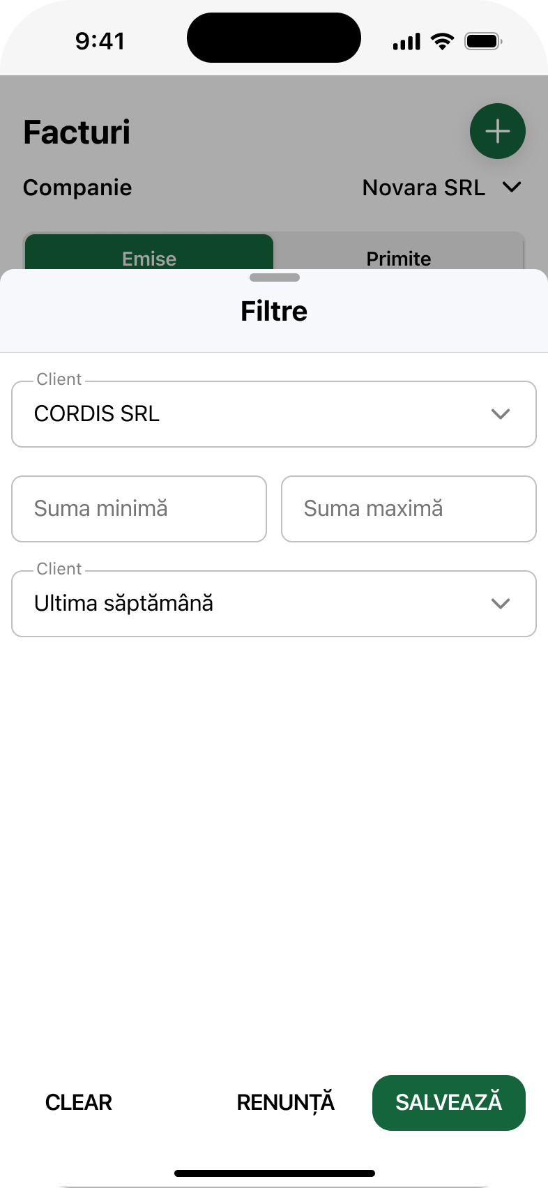 Design de aplicații: filtre completate, cu client și perioadă selectate