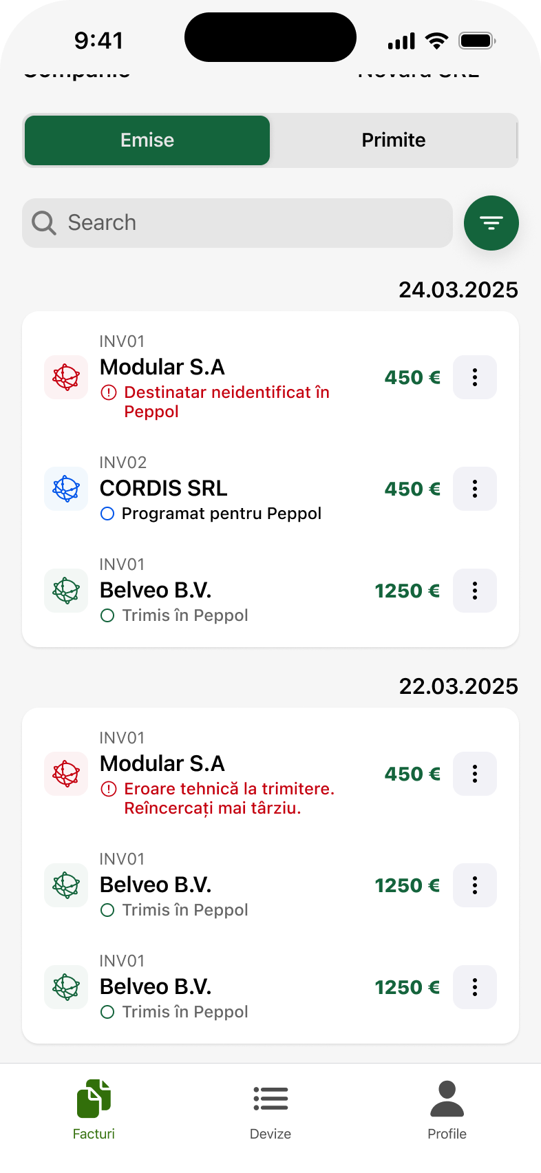 Design de aplicații mobile: lista de facturi derulată, cu mai multe zile vizibile