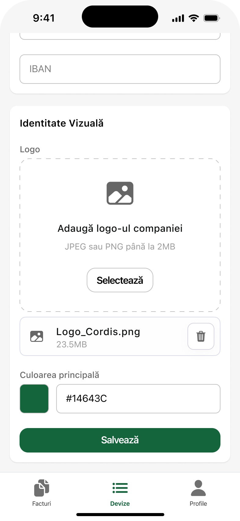 Design de aplicații: logo încărcat în profilul companiei, aplicat pe documente