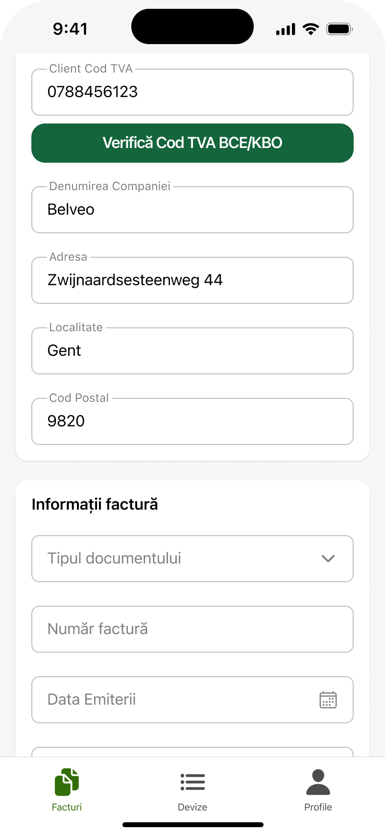 Design de aplicații mobile: datele clientului completate automat din codul de TVA, din registrul oficial al companiilor