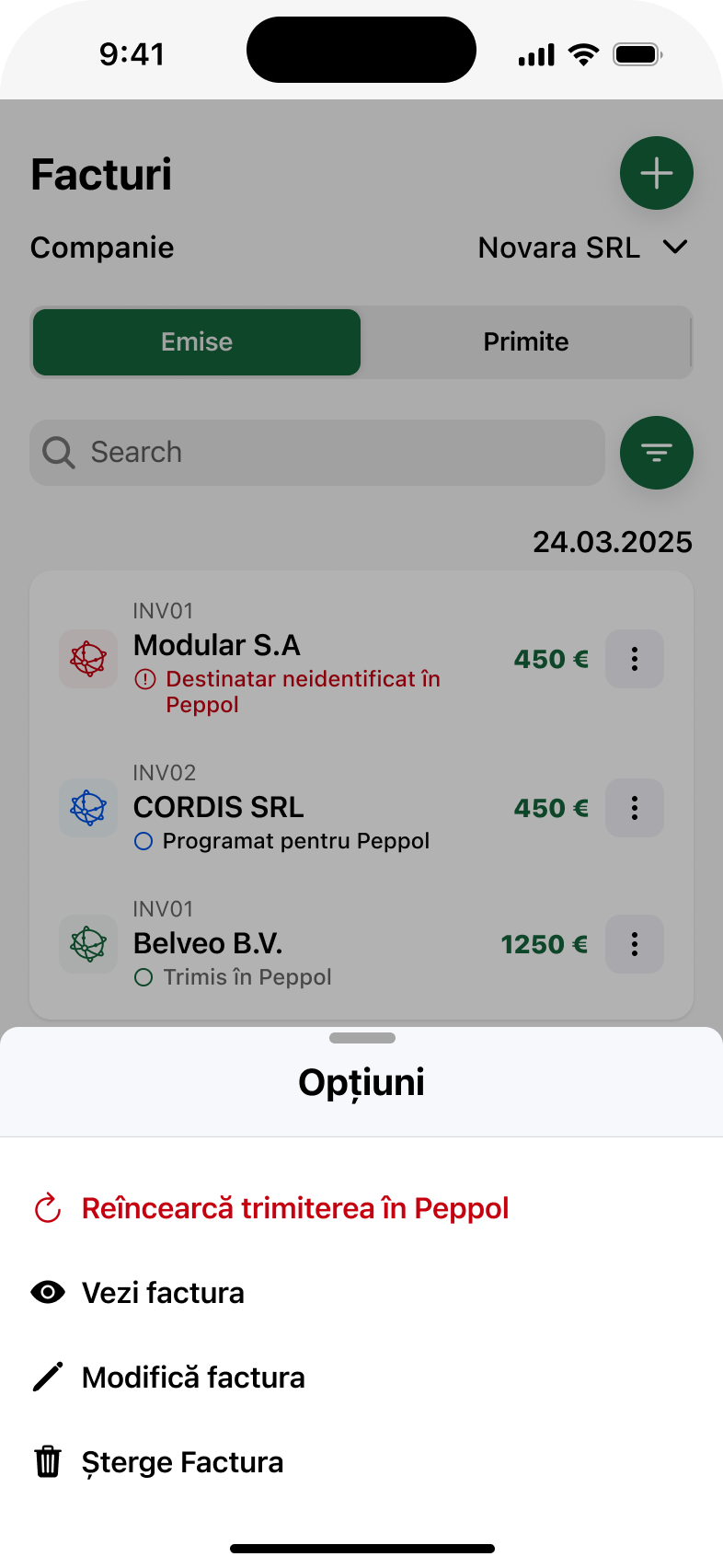 Design de aplicații mobile: eroare de trimitere prin Peppol, afișată direct pe factură