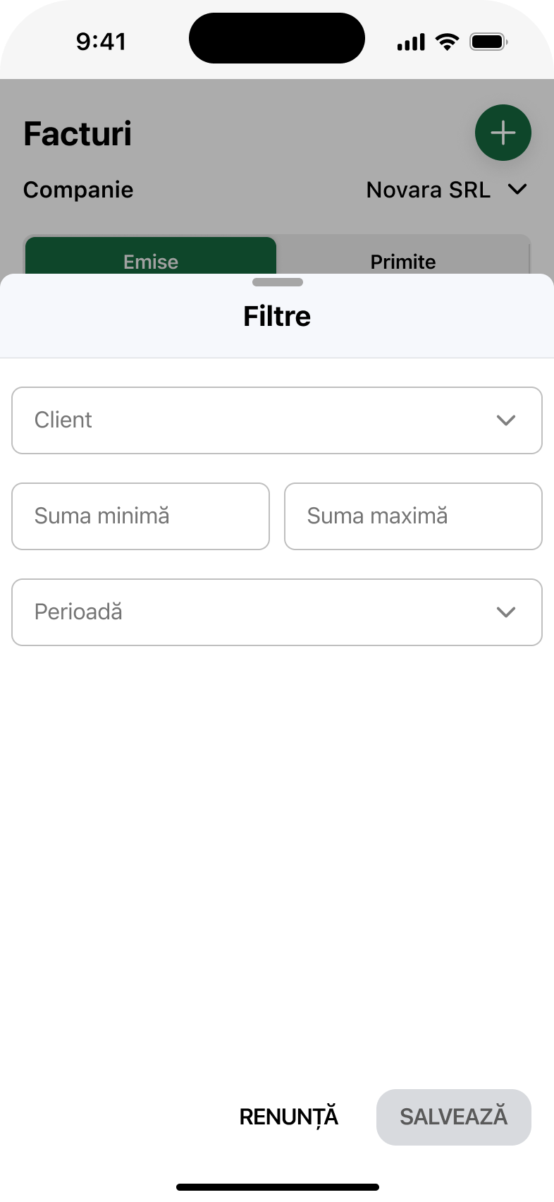 Design de interfață pentru panoul de filtre al facturilor: client și perioadă
