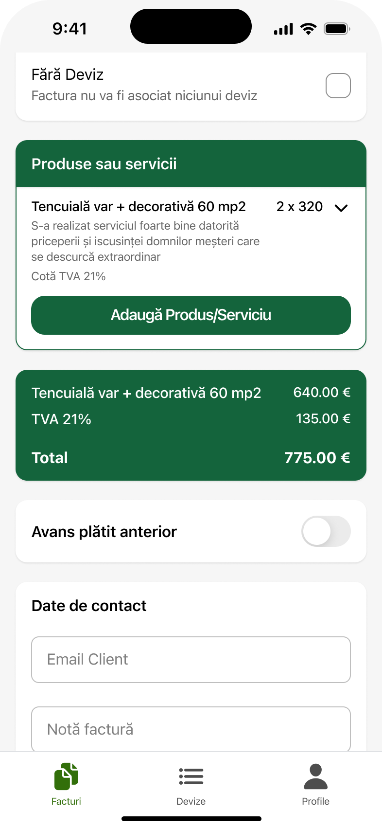 Design de interfață: produs adăugat în lista facturii, cu totalul lui