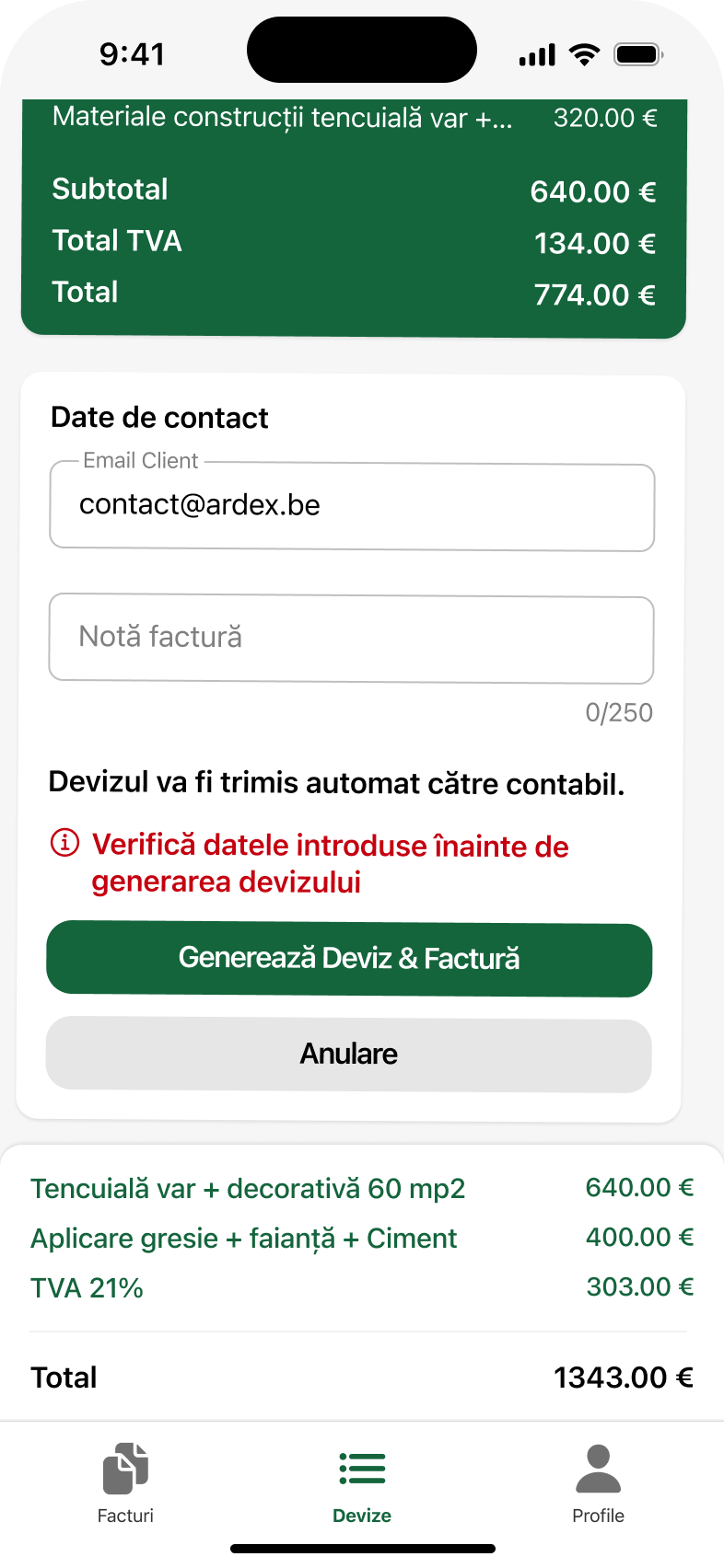 Design de interfață pentru totalul devizului, notele și trimiterea lui