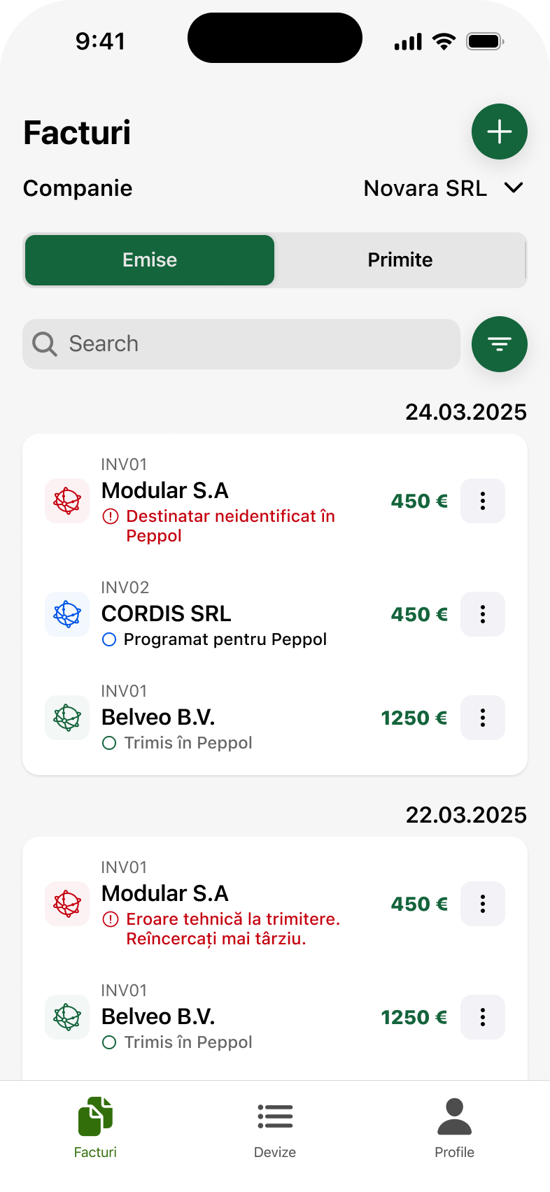 UI/UX design pentru lista de facturi emise, grupată pe zile, cu numele clientului și starea plății