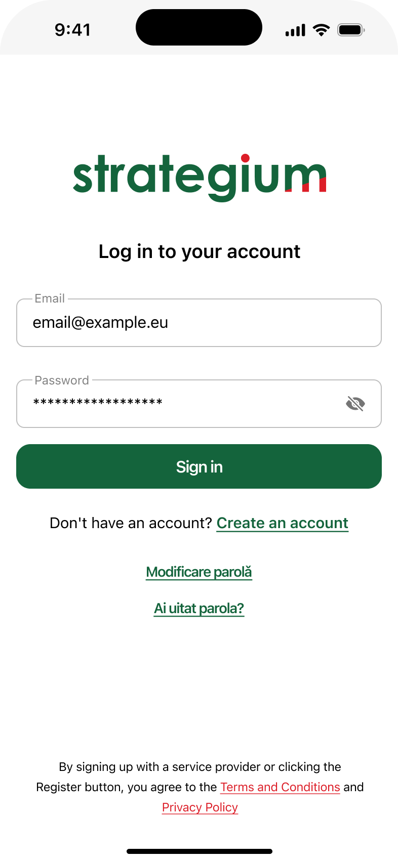 UI/UX design pentru ecranul de autentificare al unei aplicații de facturare electronică, pentru ZAR Studios