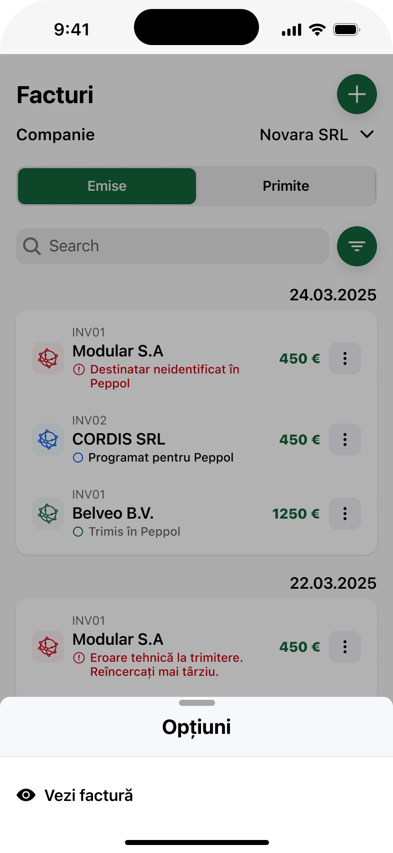 UI/UX design pentru opțiunile unei facturi: descărcare, trimitere prin Peppol, marcare ca plătită