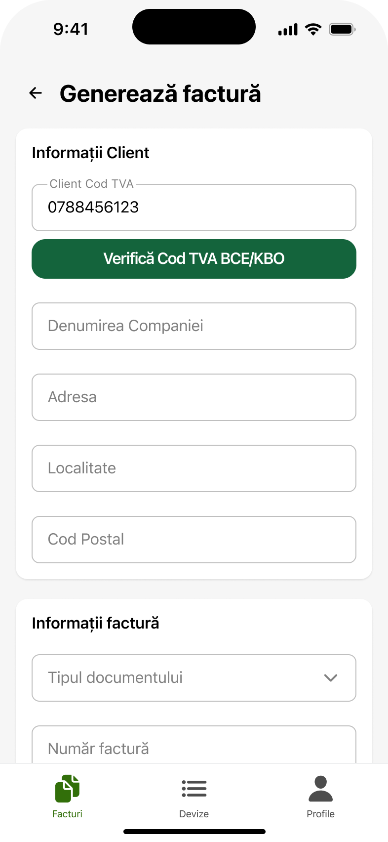 UI/UX design: codul de TVA ca primul câmp din formularul de factură