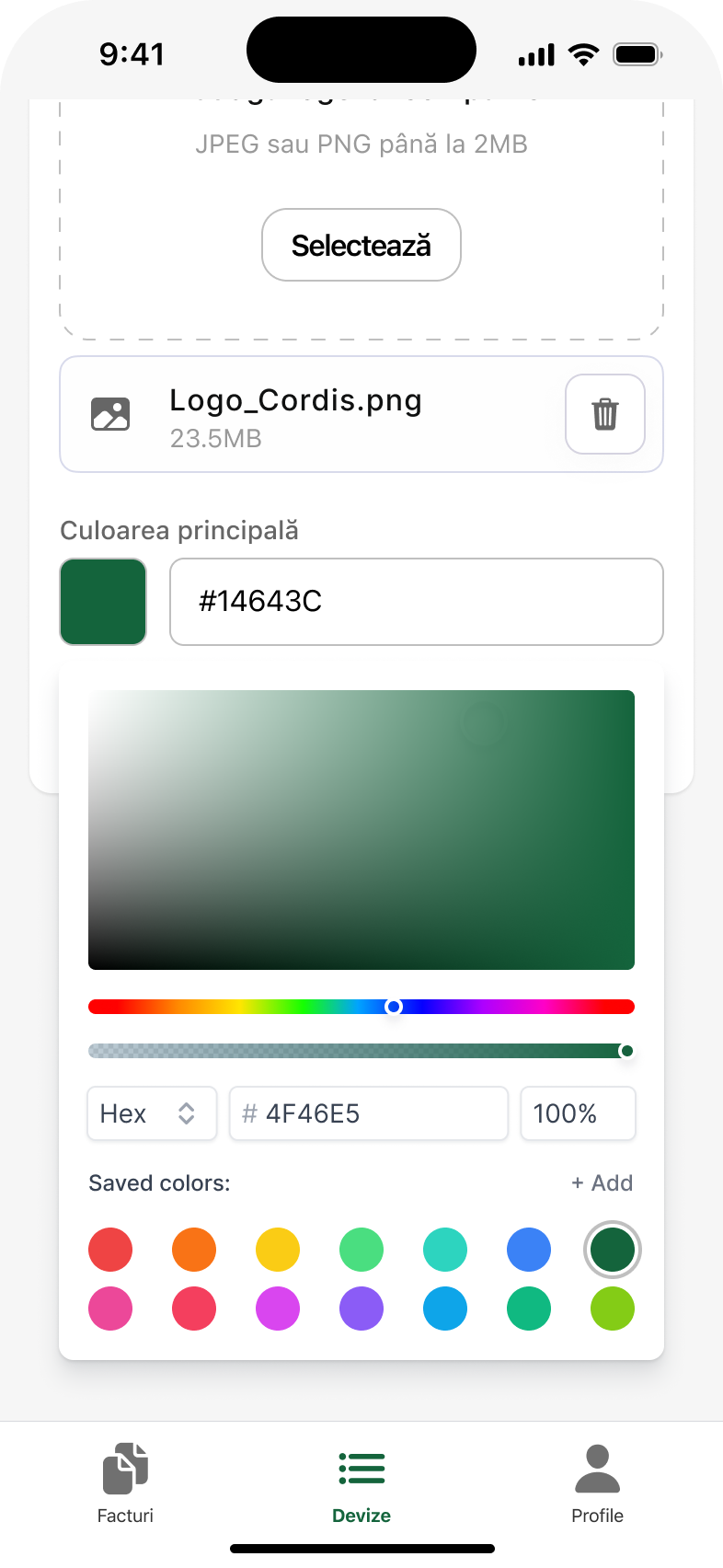 UI/UX design: alegerea culorii de brand aplicate pe facturi și devize