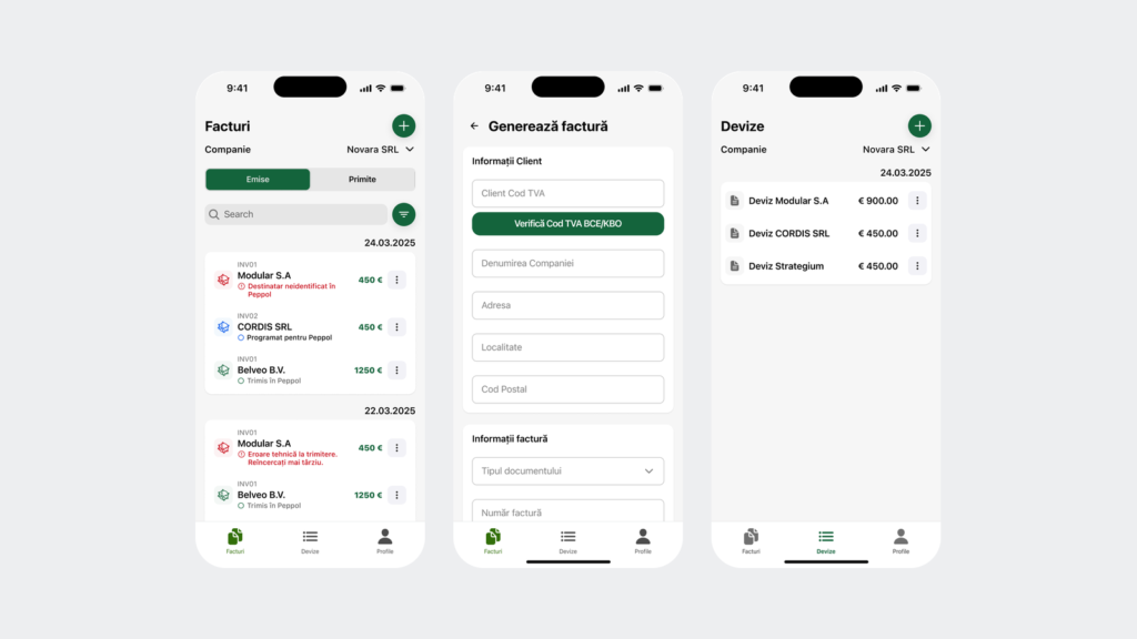 Design UI/UX pentru aplicația de facturare electronică Strategium Billing Center: facturi, generare document și devize