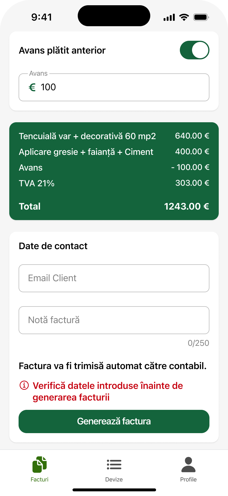 UI/UX design pentru totalul facturii, datele de contact și trimiterea documentului