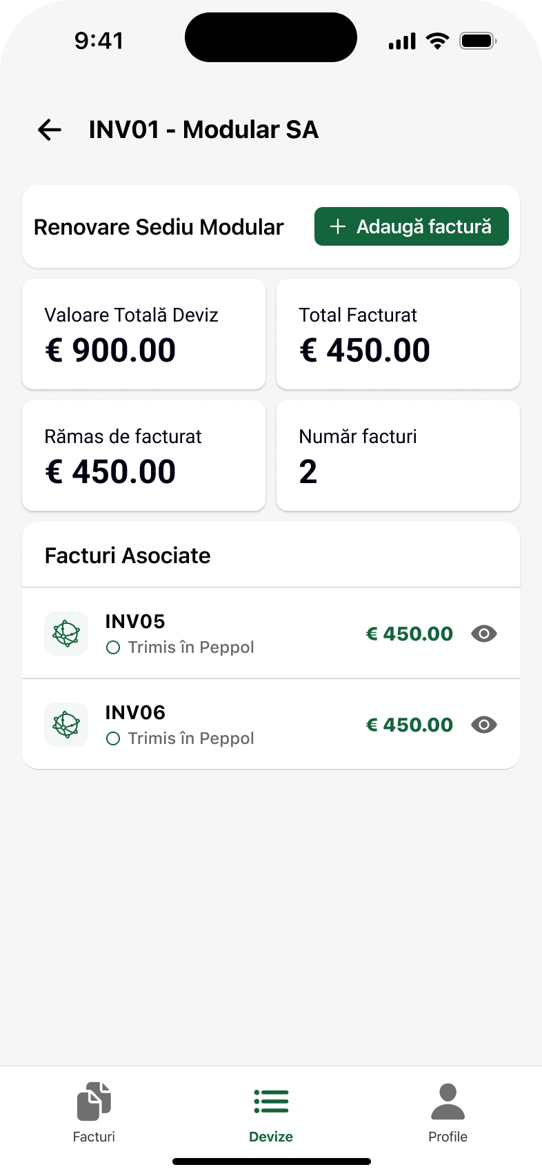 UI/UX design pentru un deviz cu facturile asociate și starea lor