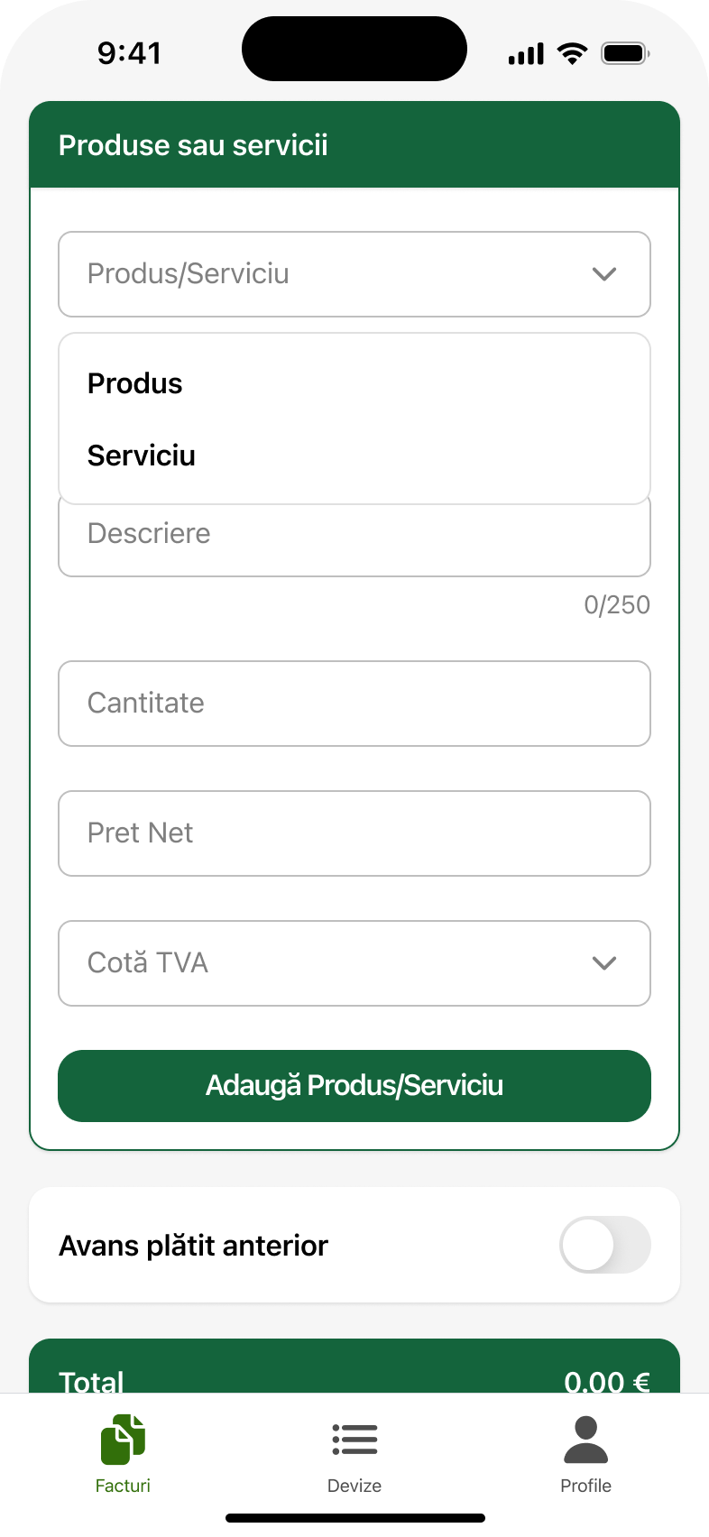 UI/UX design pentru formularul de adăugare a unui produs sau serviciu pe factură