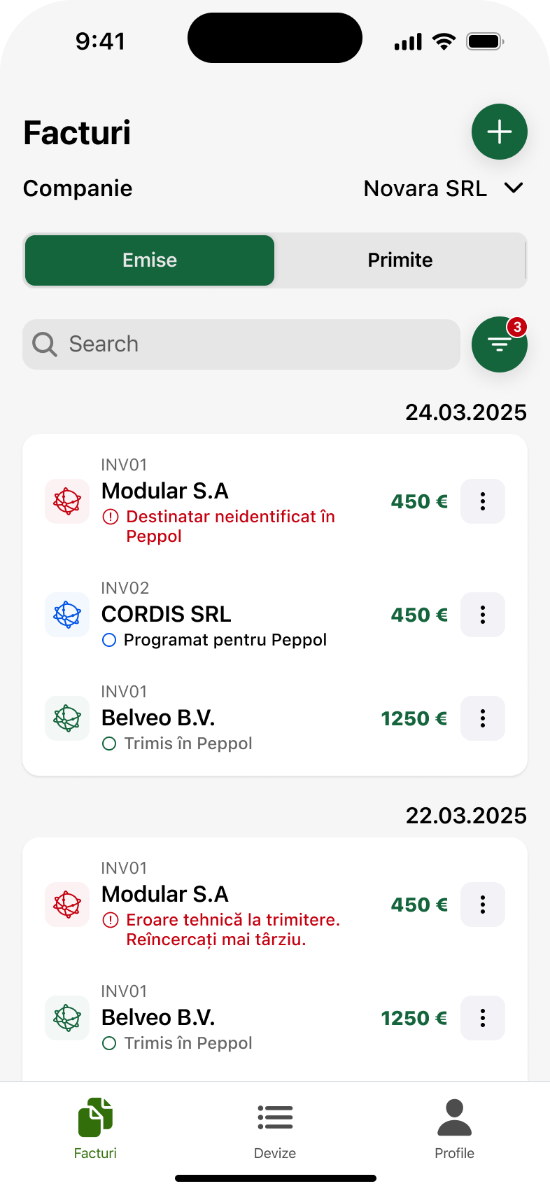 UI/UX design pentru lista de facturi filtrată după un client