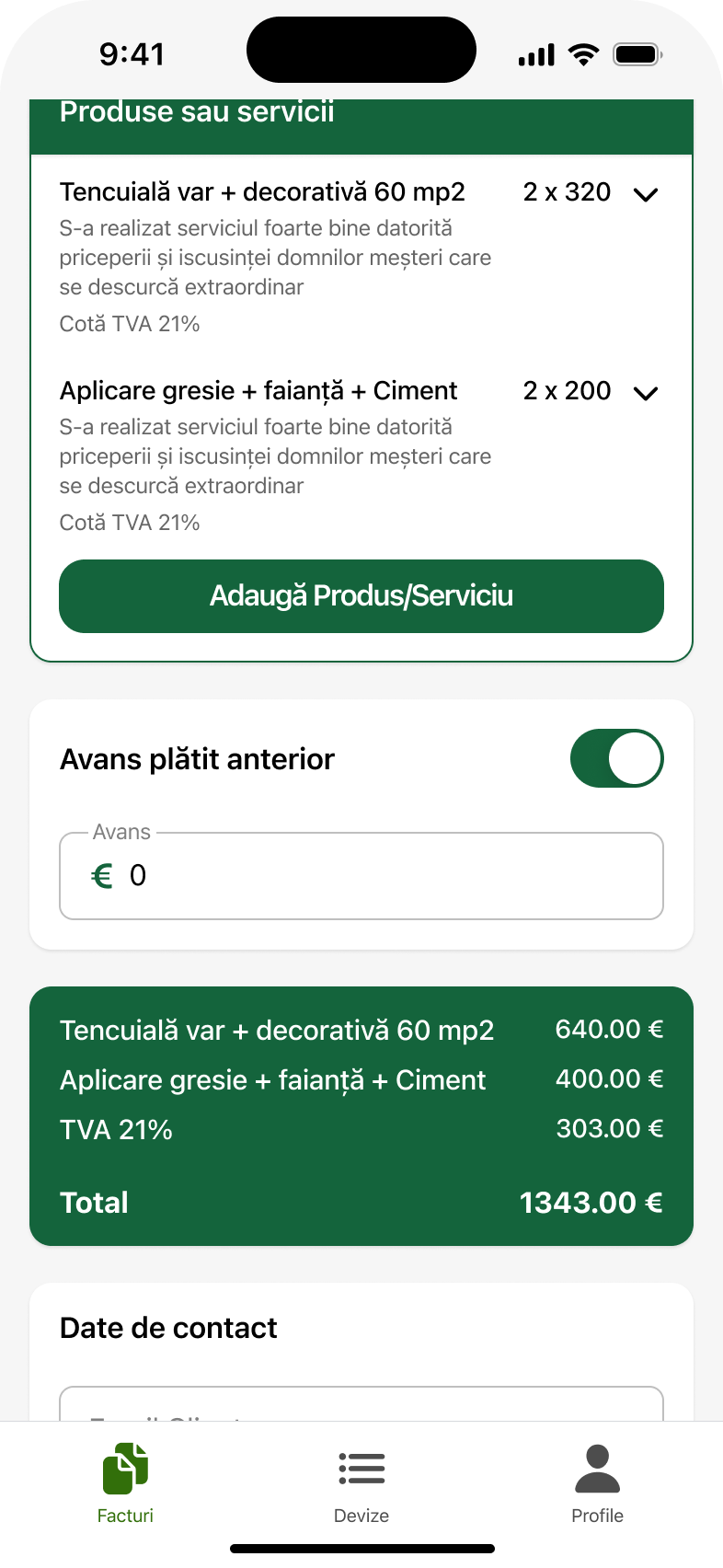 UI/UX design pentru lista de produse a facturii, cu totalurile actualizate