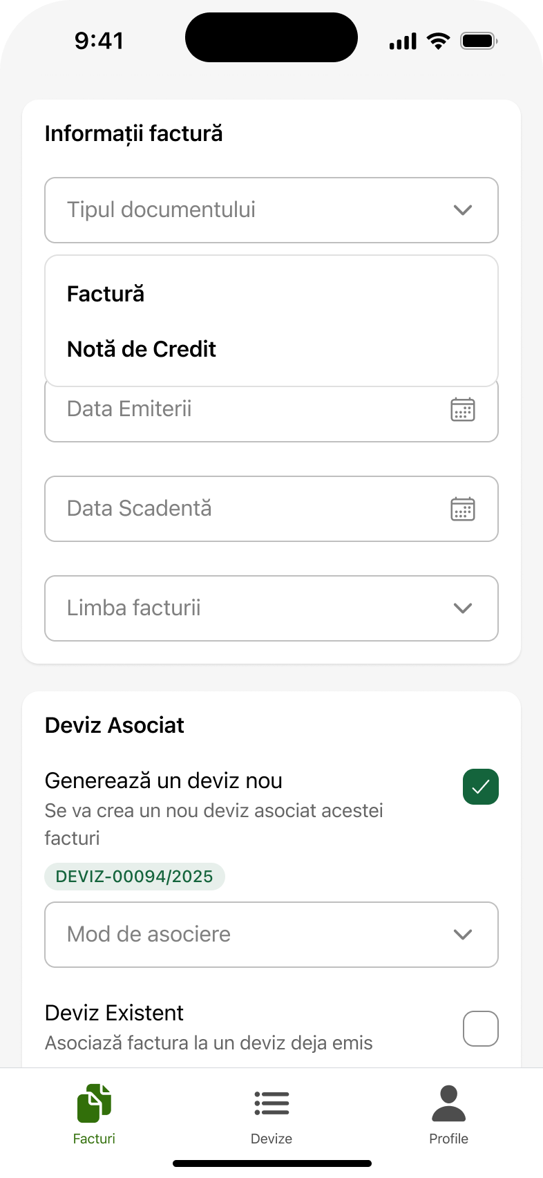 UI/UX design pentru alegerea tipului de document: factură sau notă de credit