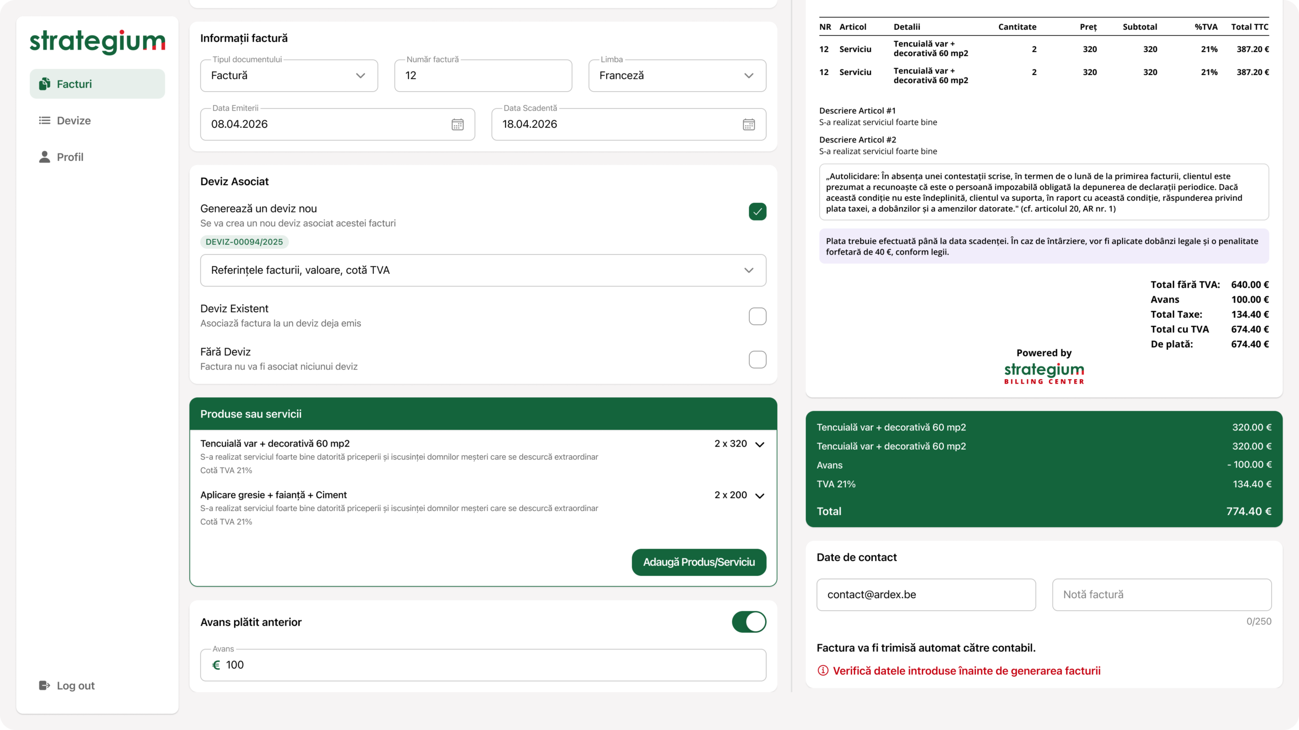 Web design: avansul aplicat în totalurile facturii, în varianta de desktop