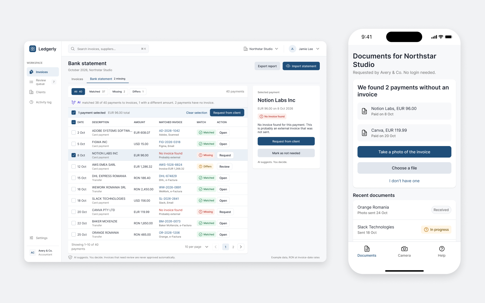Ledgerly: extrasul de cont și linkul clientului pe telefon