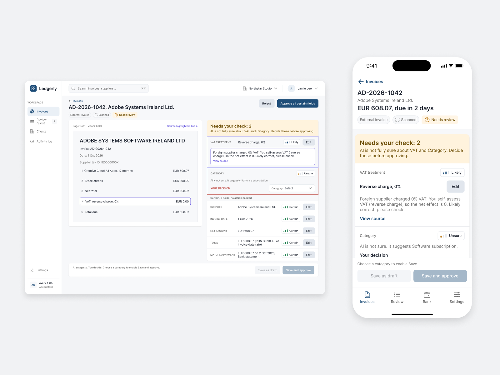 Ledgerly, aplicație de facturare cu AI: ecran desktop și mobil, design UI/UX ZAR Studio