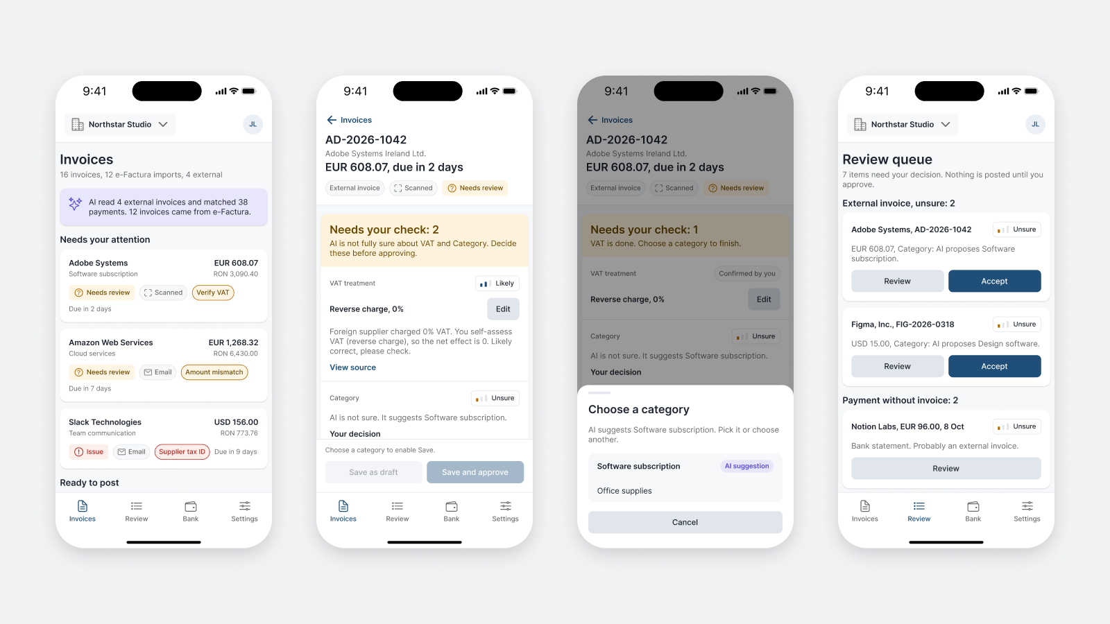 Ledgerly: patru ecrane mobile ale aplicației