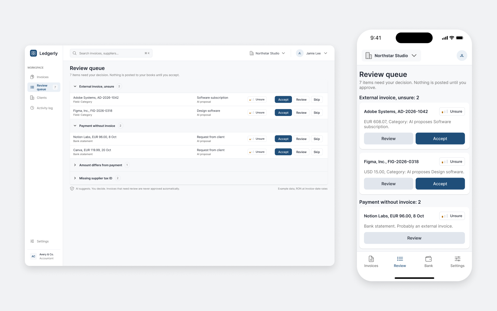 Ledgerly: coada de verificare, doar cu ce cere o decizie