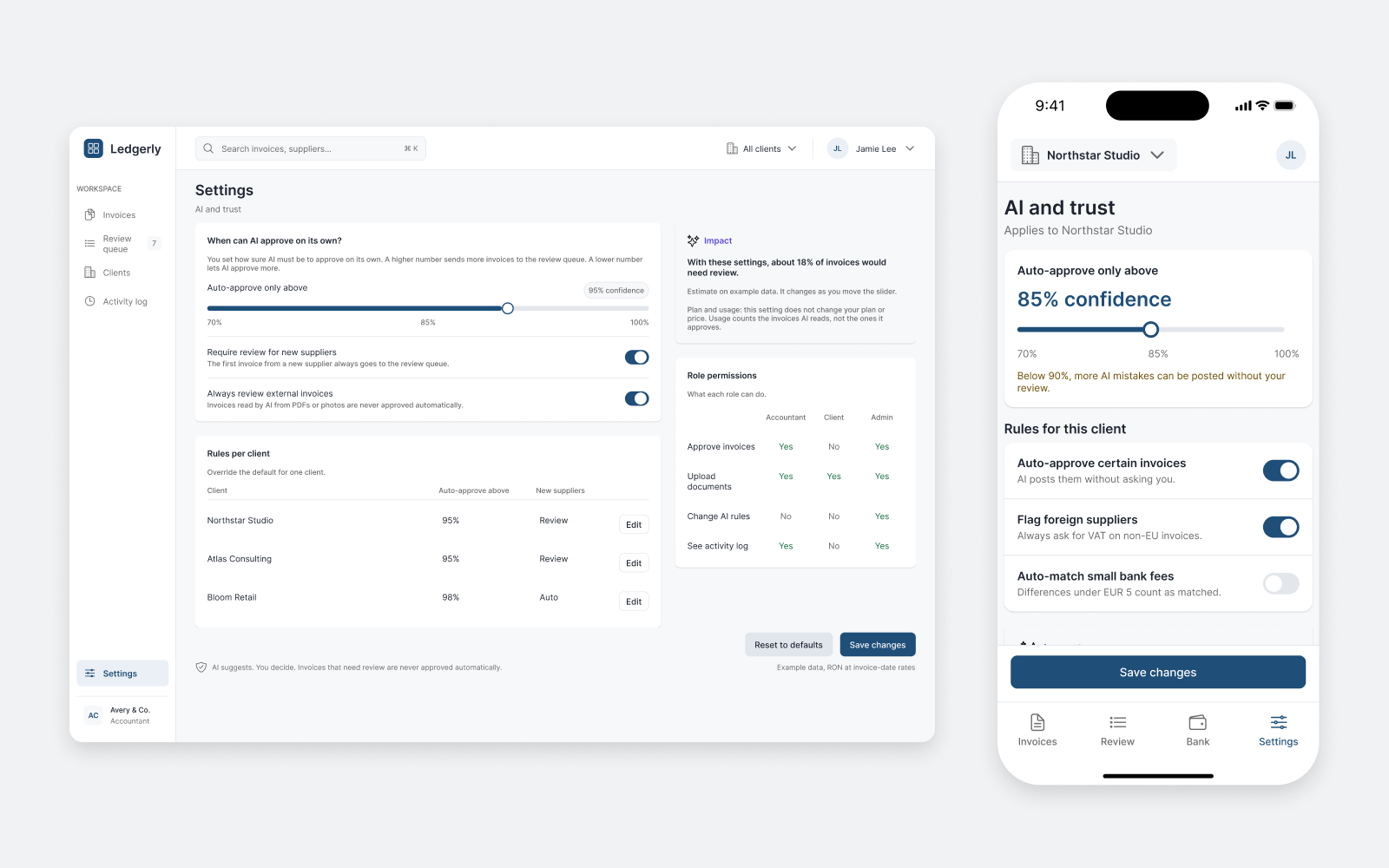 Ledgerly: setările pentru cât face AI-ul singur, pe desktop și mobil